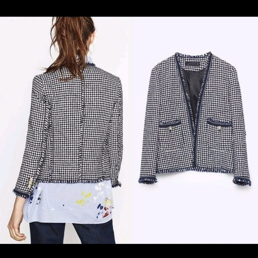 Zara Frayed Womens Navy & White Houndstooth Tweed Open Jacket Size L